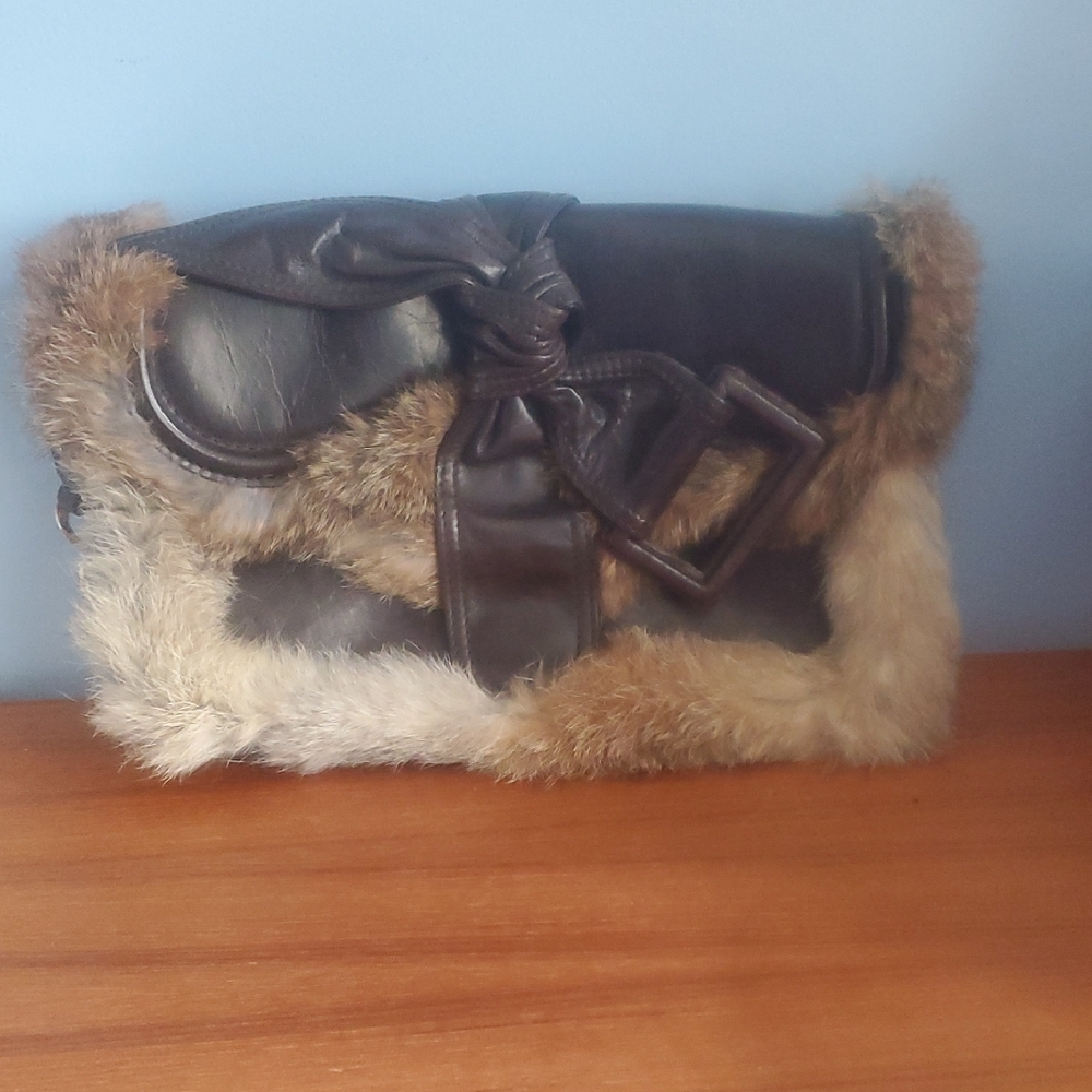 Givenchy Brown Fur-Accented Clutch $1200 Made In Italy
